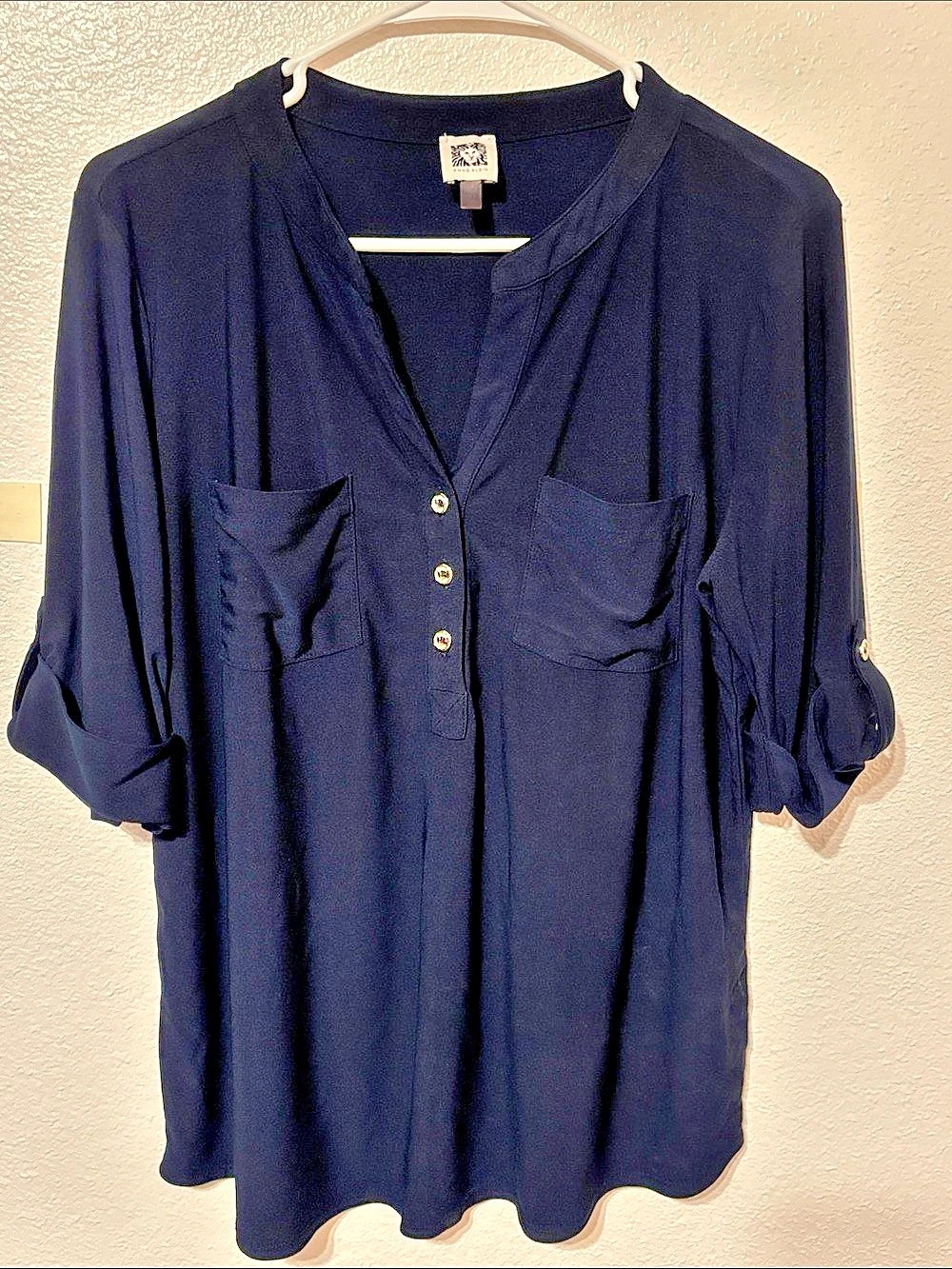 Anne Klein Roll-Tab Sleeve Henley Tunic Blouse Black Medium